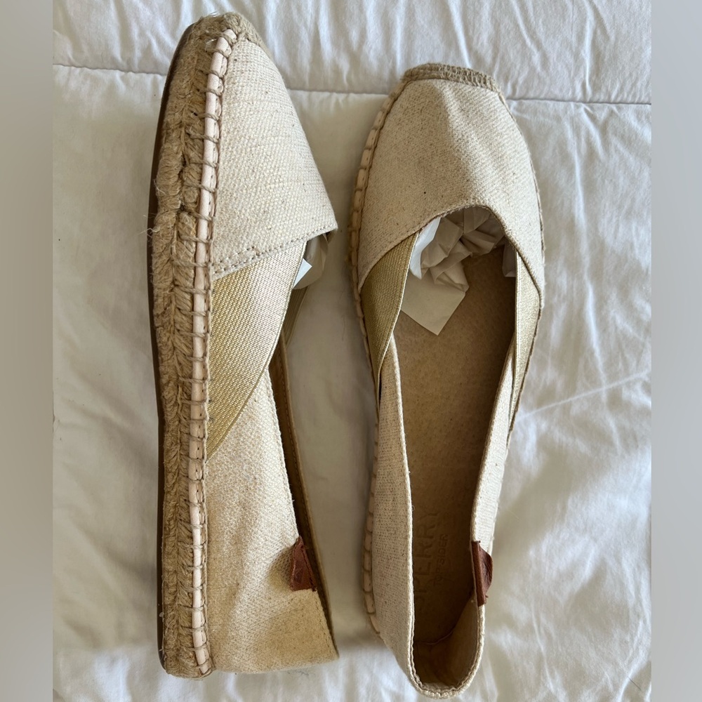Sperry espadrilles. Burlap with gold shimmer/details. New, never worn.